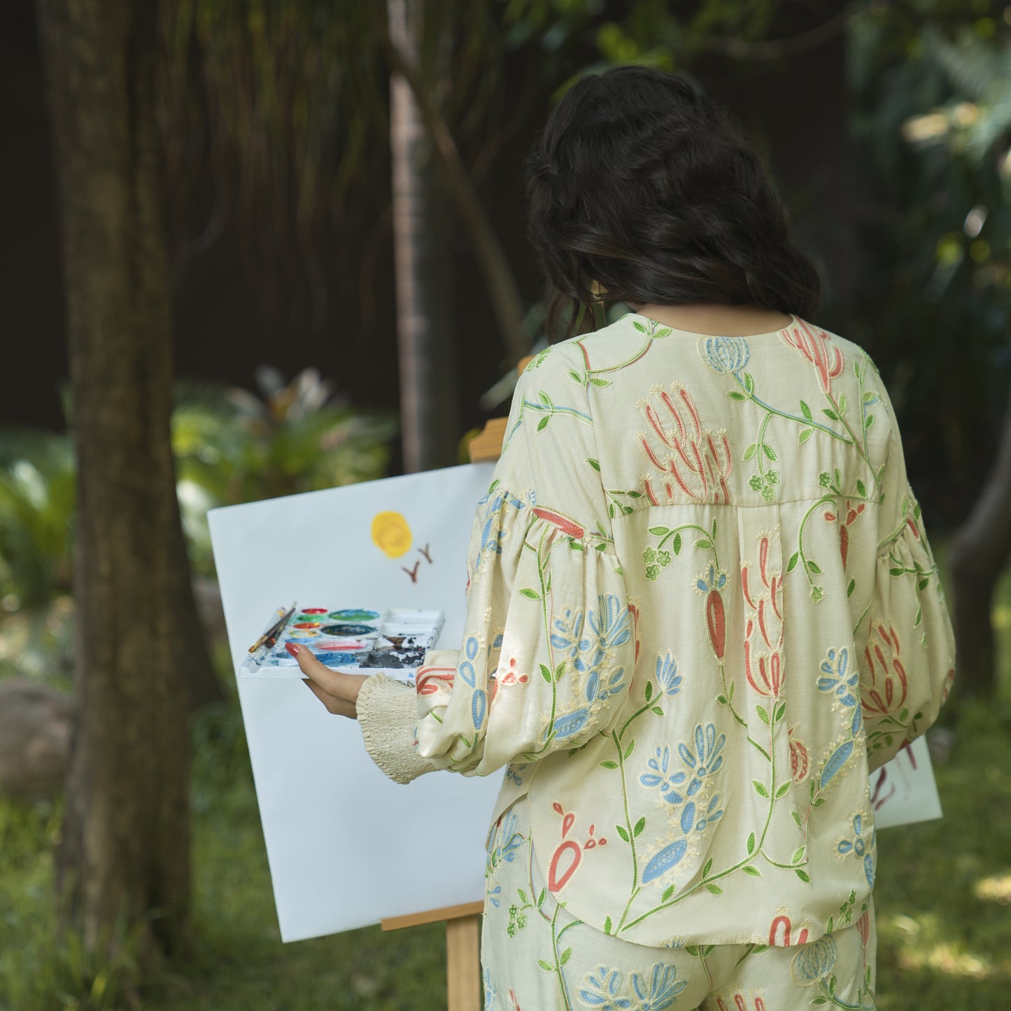 Linen Embroidered top with smocking detail