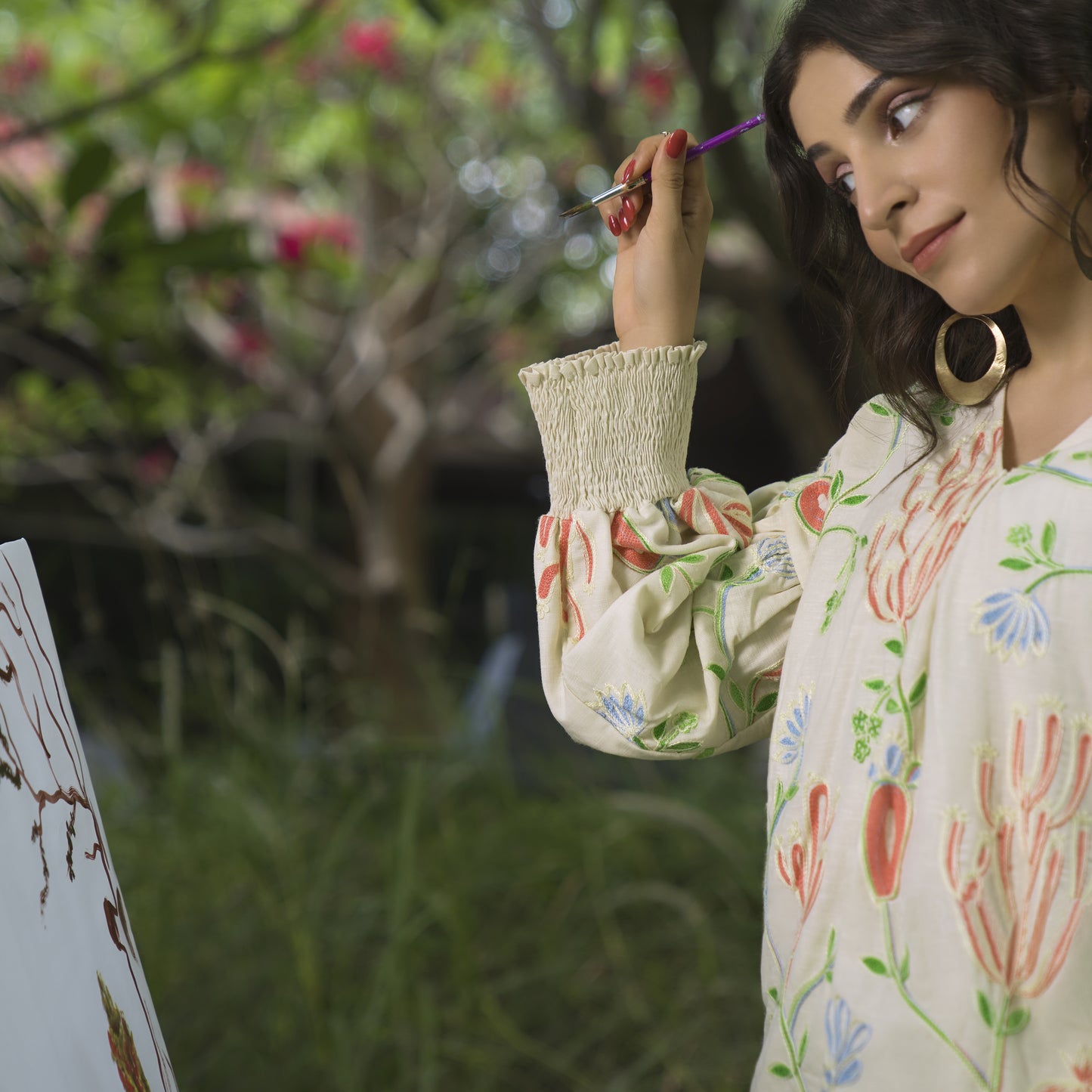 Linen Embroidered top with smocking detail