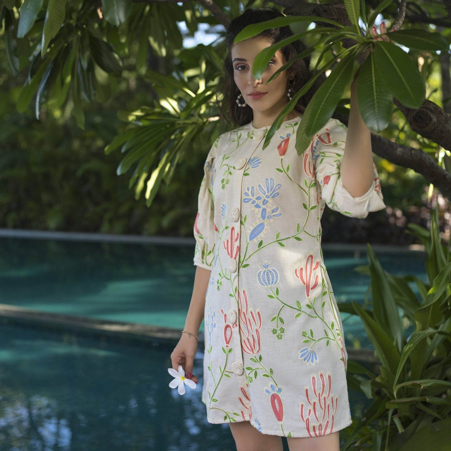 Linen Embroidered Short dress with crochet buttons - ZYA INDIA