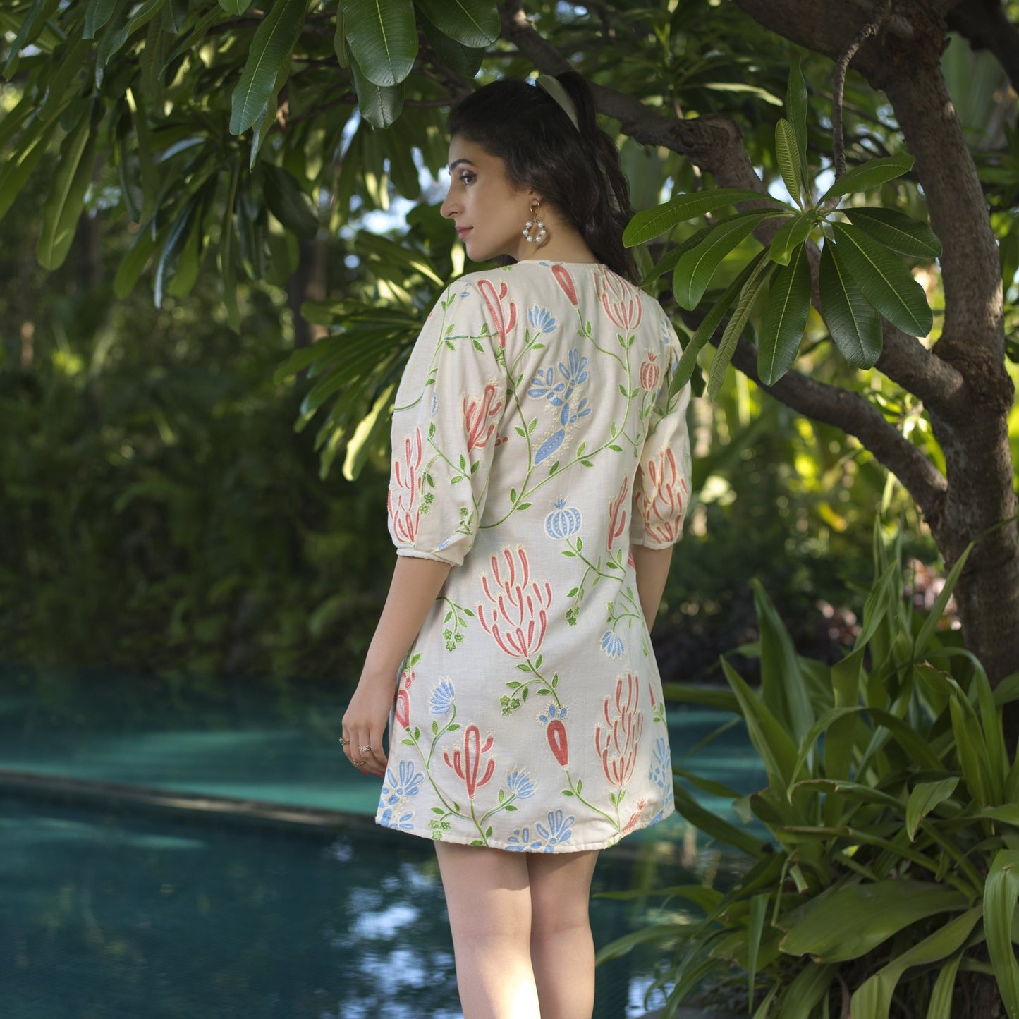 Linen Embroidered Short dress with crochet buttons - ZYA INDIA