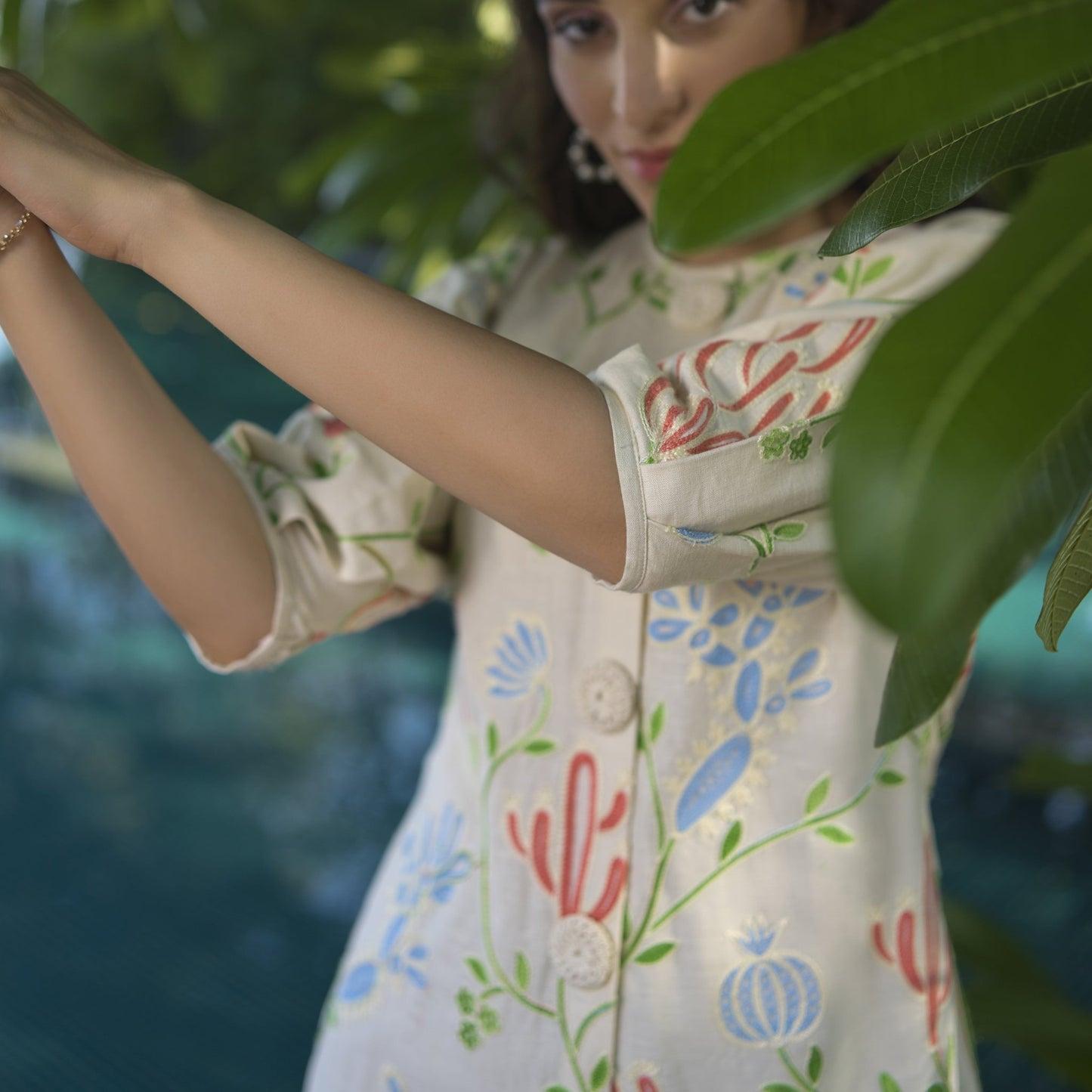 Linen Embroidered Short dress with crochet buttons - ZYA INDIA