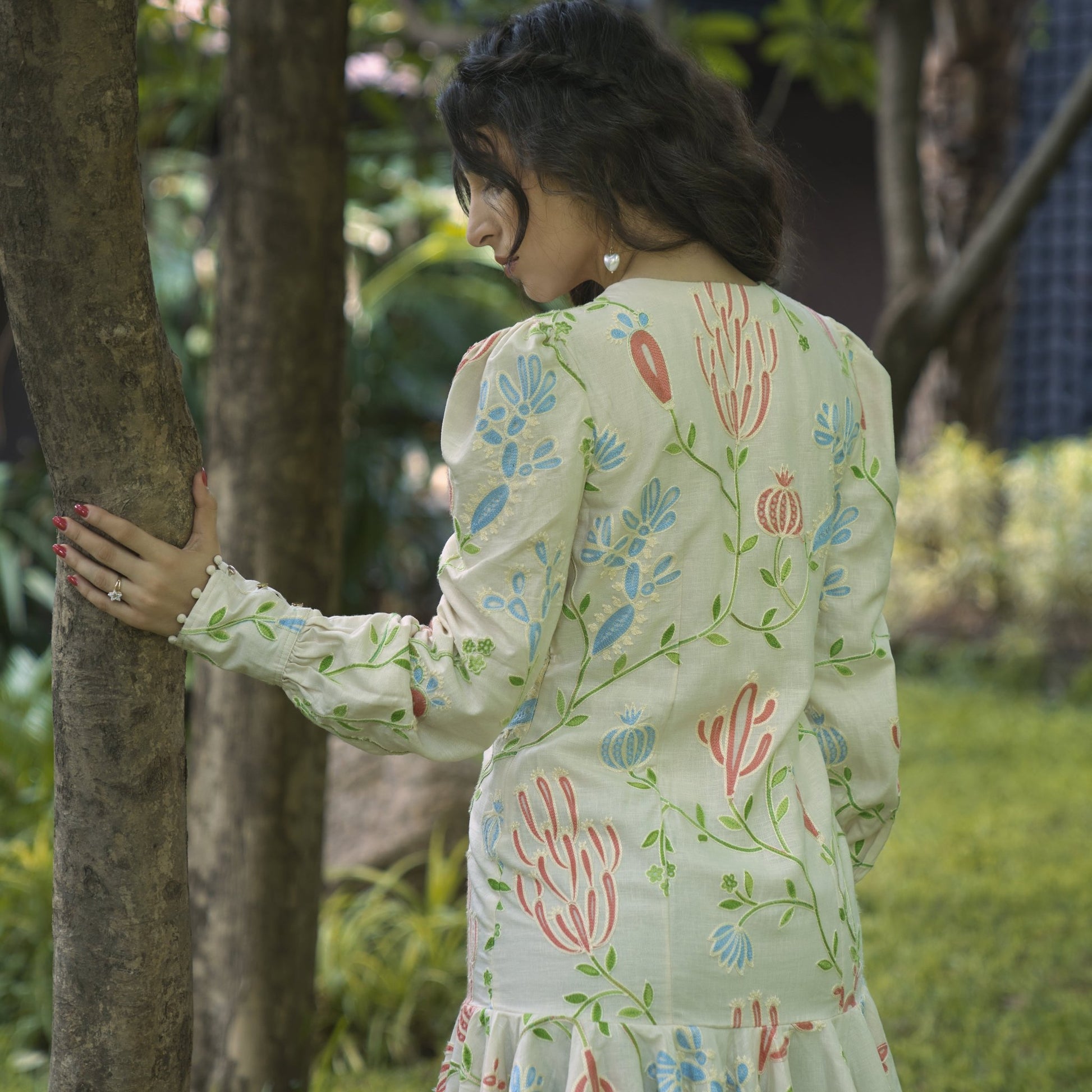 Linen Embroidered Structured Short Dress - ZYA INDIA