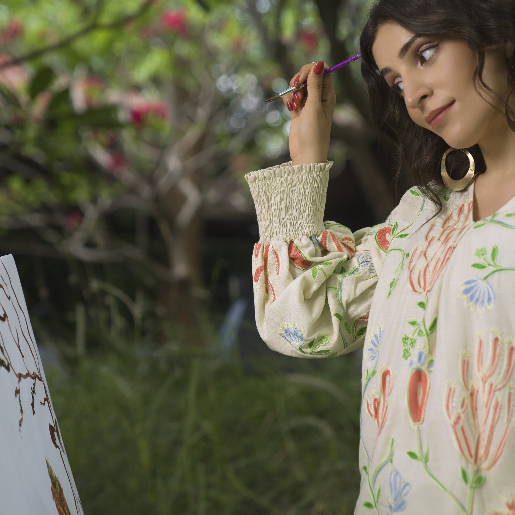 Linen Embroidered top with smocking detail - ZYA INDIA