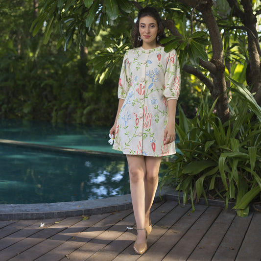 Linen Embroidered Short dress with crochet buttons