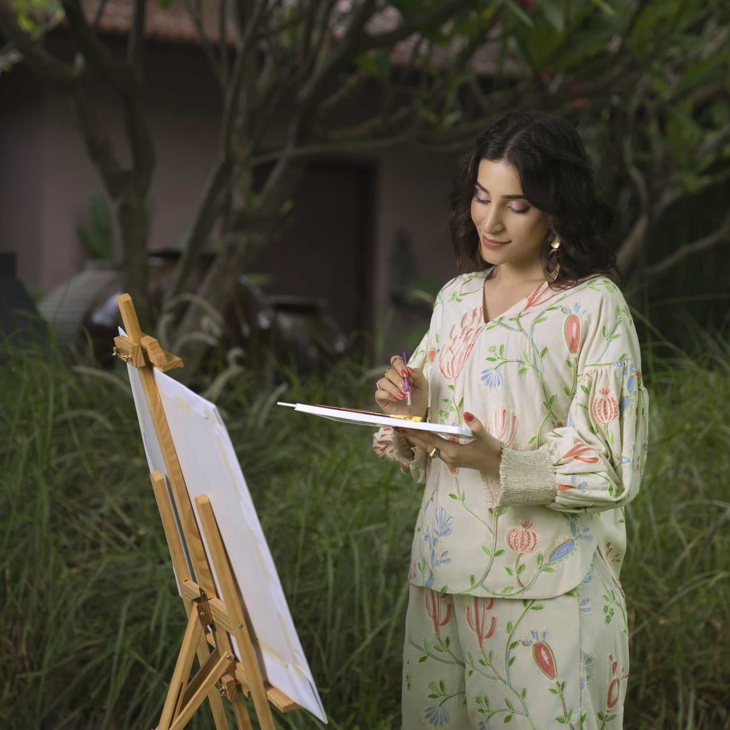 Linen Embroidered top with smocking detail