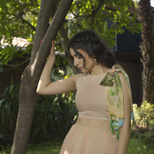 Organza Crop Top With Shoulder Scarf