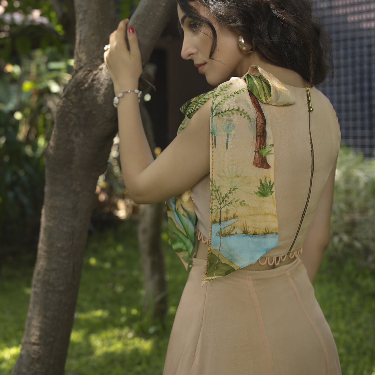 Organza Crop Top With Shoulder Scarf