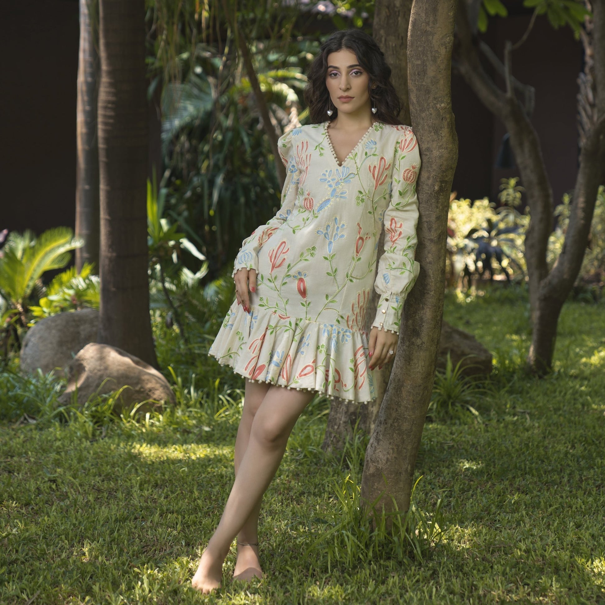 Linen Embroidered Structured Short Dress - ZYA INDIA