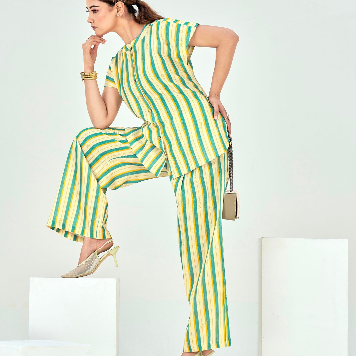 Linen Printed High Low top with Pleated Pants - ZYA INDIA