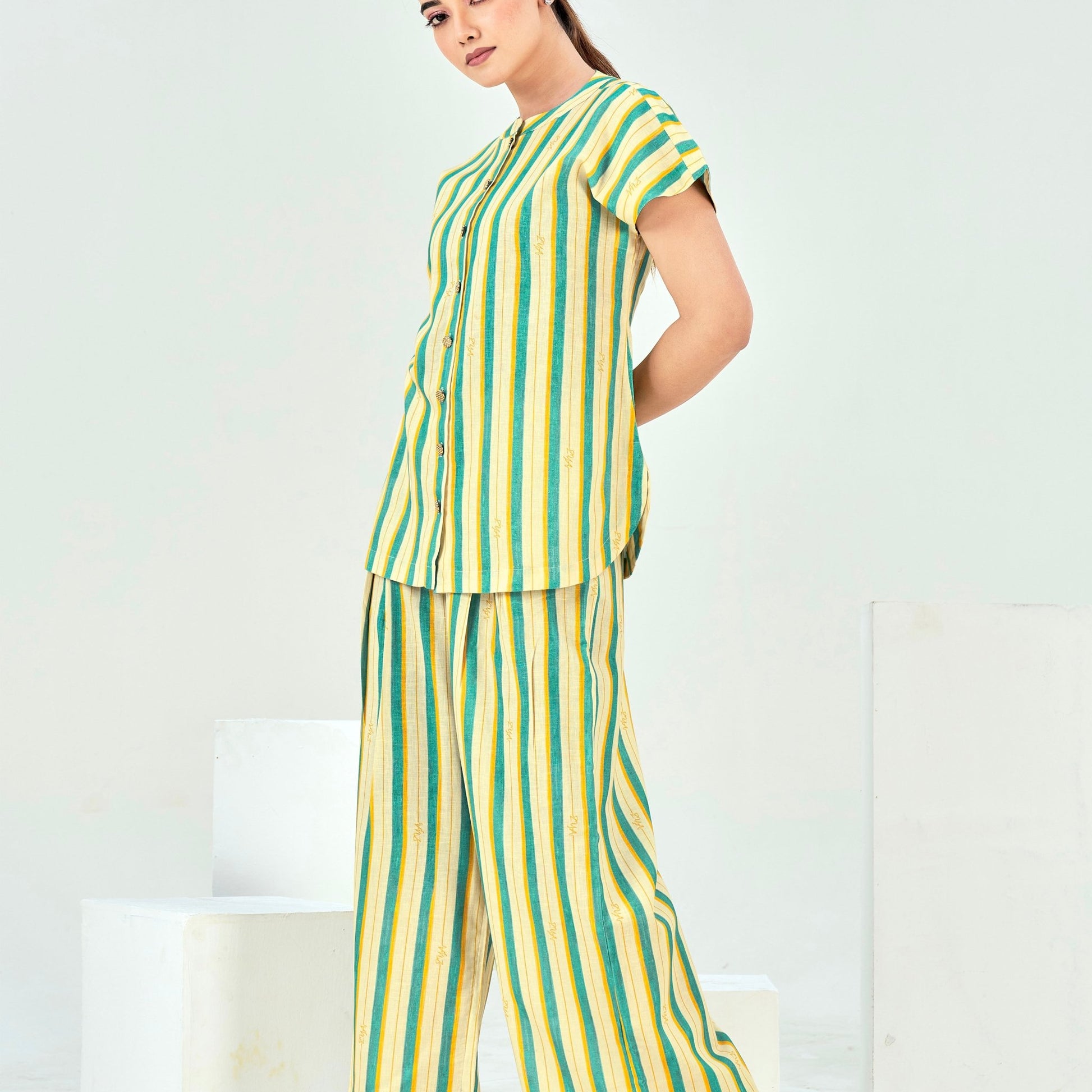 Linen Printed High Low top with Pleated Pants - ZYA INDIA