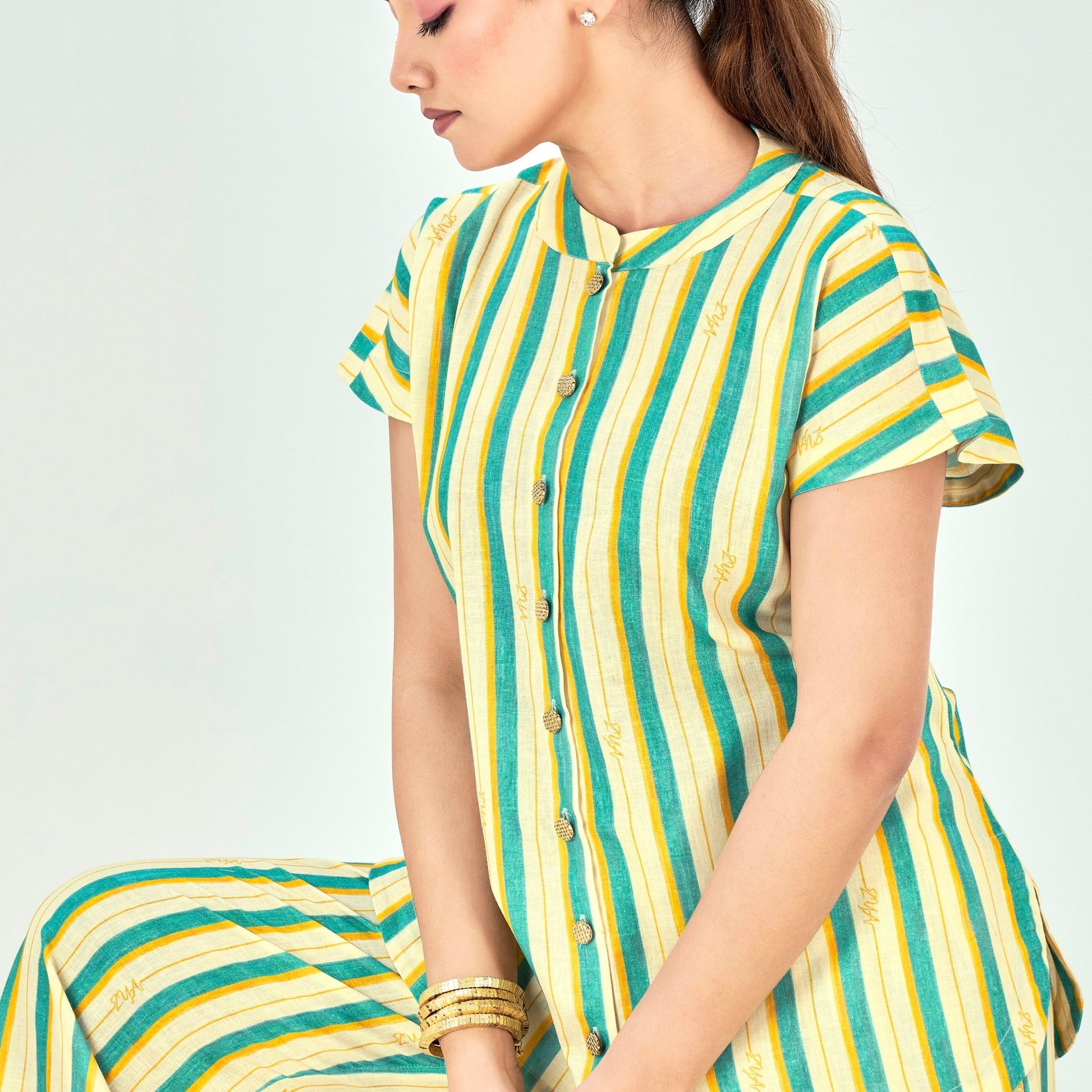 Linen Printed High Low top with Pleated Pants - ZYA INDIA