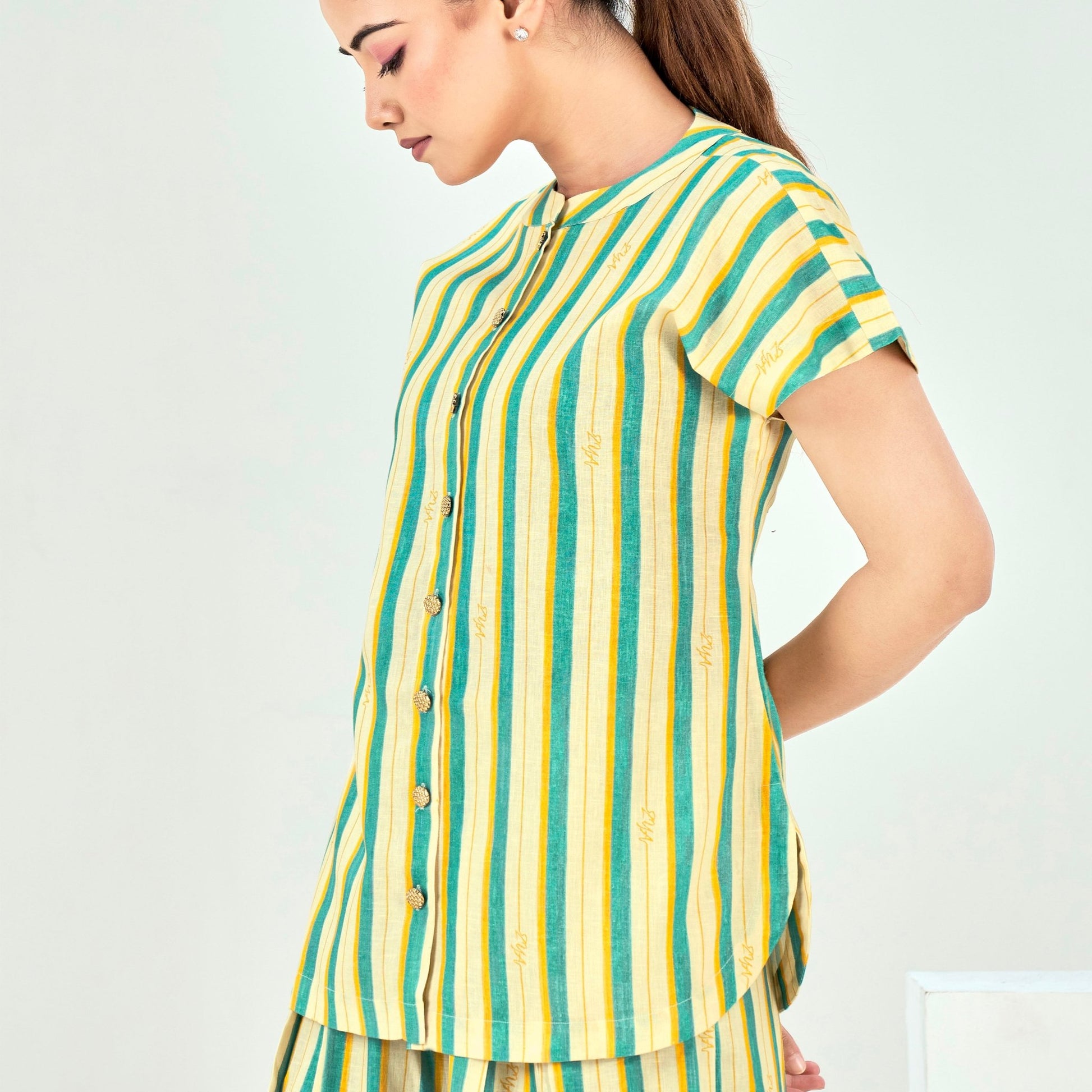 Linen Printed High Low top with Pleated Pants - ZYA INDIA